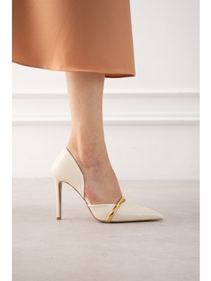 Seniorah Glow Krem cilt gold Aksesuarlı Dekolte Kadın Topuklu Ayakkabı