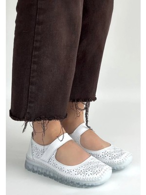 Erbilden Sina Beyaz Deri Cırt Cırtlı Babet Ayakkabı