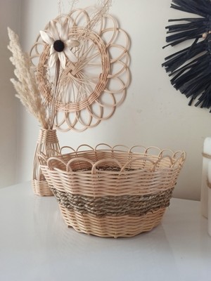 Handanca Hasır Bambu Rattan Ahşap Taban Çok Amaçlı Sepet 25X13 cm