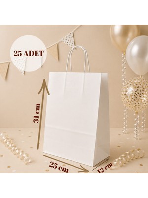 Sarkap 25'li 25X12X31 Beyaz Burgu Saplı Kraft Kağıt Karton Çanta