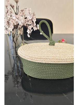 Handanca El Dokuma Ekmek Sepeti Yeşil Bej Renk Doğal ve Dekoratif Çok Amaçlı Organizer