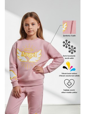 KarmeNova Angel Kanat & Hale Baskılı Işık Dolu Kız Çocuk Sweatshirt Eşofman Üstü | 4-10 Yaş