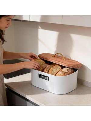 Handanca Kapaklı Metal Ekmeklik Ahşap Görünümlü Kapaklı