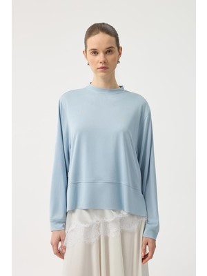 Kadriye Baştürk Modal Cupra Yırtmaçlı Kısa Sweatshirt Açık  Mavi