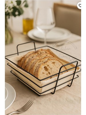 Handanca Metal Siyah Şeritli Kare Ekmeklik Kumaş Kare Ekmeklik Ekmek Sepeti 22X22 cm