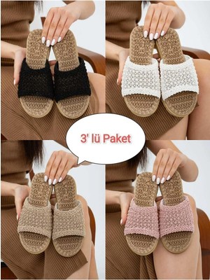 Moda Devrin 3'lü Paket Önü Açık Hasır Örgü Dış Mekan ve Ev Terliği Çeyiz Bohça Seti
