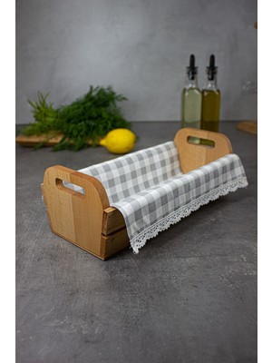 Handanca Ahşap Ekmeklik & Ekmek Kutusu Sepeti – Pötikare Örtülü Rustik Ekmek Kutusu ve Ekmek Sepeti