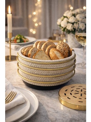 Handanca Gold Yuvarlak Gri Hasır Örmeli Lüks Ekmek Sepeti - Çok Amaçlı, Metal Paslanmaz 10X21