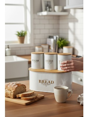 Handanca Bambu Kapaklı Metal Ekmeklik ve Kavanoz Seti