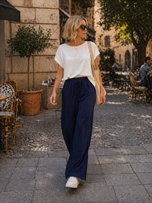 İbeeka Ipeksi Dokunuş Soft Touch Navy Mavi Geniş Kesim Pantolon - Lacivert - L - ST01142-LACİVERT-L
