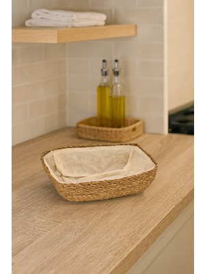 Handanca Dikdörtgen Hasır Ekmek Sepeti Bezli El Örmesi Hasır Sepet