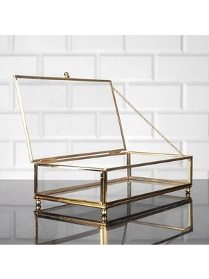 Handanca Cam Sandık, Cam Metal Çerçeveli Sunumluk Kapaklı Sandık, Çikolata Şeker ve Takı Kutusu 25X15CM