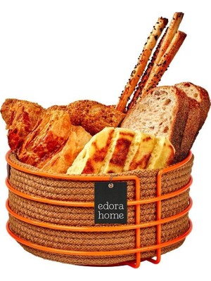 Handanca Turuncu Yuvarlak Ekmek Sepeti Şık,ekmeklik Hasır Örmeli Makrome-Çok Amaçlı Metal Paslanmaz