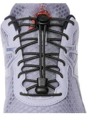 Mawrond Beyaz Çizgili Siyah Renk ,Yuvarlak, Top Klipsli , Akıllı, Kilitle, Tak-Bırak, Elastik Bot, Spor Ayakkabı Bağcığı, 100 Cm, 1 Çift