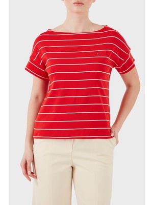 Tommy Hilfiger % 100 Pamuk Çizgili Relaxed Fit Kayık Yaka T Shirt Bayan T Shirt WW0WW49723 0e4