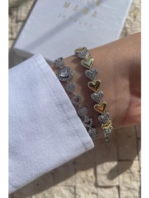 Handanca Trend Minimal Kalp Gold Detaylı Gümüş Zirkon Taşlı Kutulu Bileklik