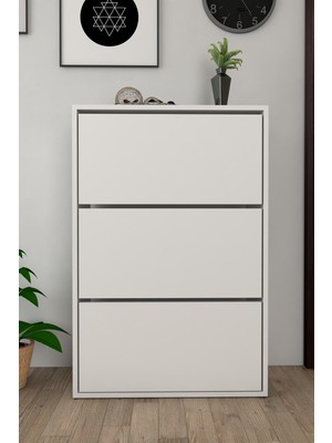 Handanca 3 Kapaklı Kayar Raflı Ayakkabılık Beyaz