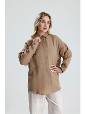 Manche Yıkamalı %100 Pamuk Müslin Oversize Gömlek - Vizon | MKS165030-01