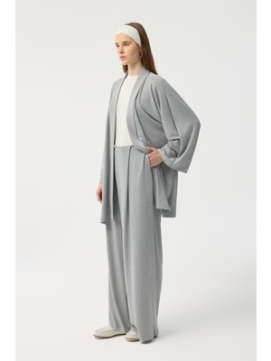Kadriye Baştürk Modal Cupra Geniş Pileli Pantolon Midi Abaya Takım Gri Melanj