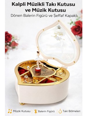 Handanca Kalpli Müzikli Takı Kutusu – Dönen Balerin Figürlü, Şeffaf Kapaklı, Hediyelik