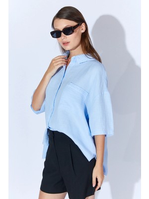 Manche Müslin Kadın Oversize Gömlek | Bebe Mavi MKS166965-01