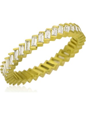 DMR Elegance Gümüş Baget Taşlı Gold Tamtur Kadın Yüzük