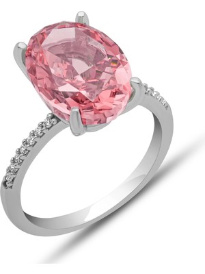 DMR Elegance Gümüş Ice Cut Oval Pembe Zirkon Taşlı Kadın Yüzük