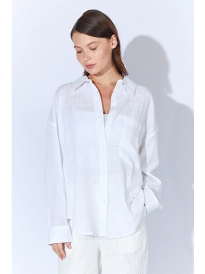 Manche Viskon Keten Yıkamalı Soft Dokulu Kadın Gömlek | Beyaz MKS1610013-1