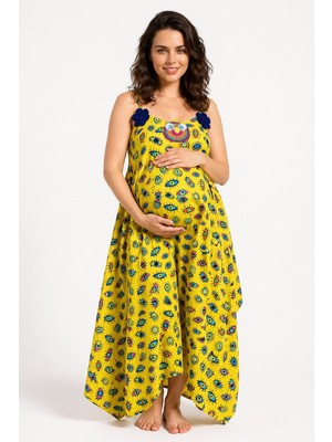 Park Moda Kadın El Işi Nakışlı Keten Hamile Elbisesi Sarı Bohem Askılı Yazlık Elbise