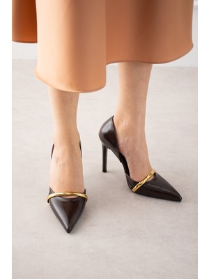 Seniorah Glow Kahverengi cilt gold Aksesuarlı Dekolte Kadın Topuklu Ayakkabı