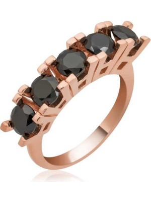 DMR Elegance Gümüş Rose Siyah 5 Taş Bayan Yüzük