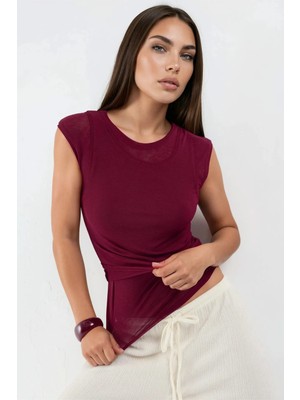 Hiccup Kadınlar Busem Kolsuz Bisiklet Yaka Bluz Bordo Kırmızı