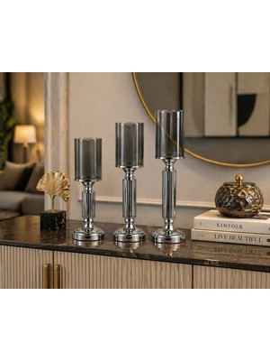 Mis Kitchen 3’lü Cam Silindir Mumluk Seti Metal Ayaklı Dekoratif Şamdan Modern Salon Masa Mumluğu