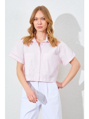 Manche Çift Cepli Düşük Kol Crop Gömlek - Pembe | MKS161448-01