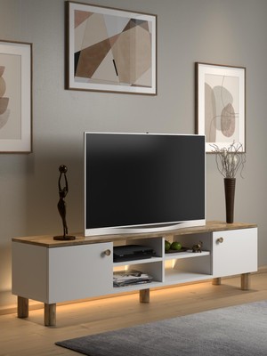 Wood'n Love Nora Bohem Ledli Tv Ünitesi 150 cm 2 Kapaklı 4 Raflı Dolaplı Atlantik Çam / Beyaz