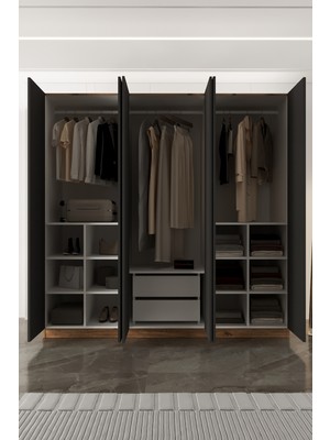 Aeka AE-2190 Hisar Atlantik Çam/antrasit 6 Kapaklı Çok Bölmeli Askılı ve Raflı Geniş Hacimli Gardırop 210X210 cm