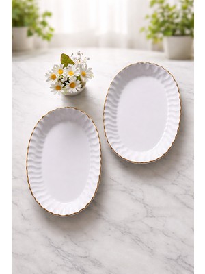 Handanca Yaldızlı Oval Servis Tabağı, Sunum Tabağı, Salata Tabağı 2 Adet Beyaz Renk
