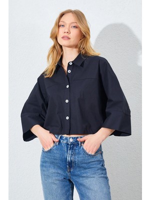 Manche Düşük Kol Çimalı Crop Poplin Gömlek - Siyah | MKS161451-01