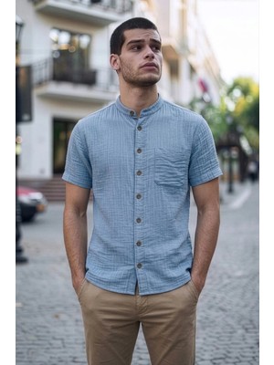 D1fference Erkek Müslin Gömlek Kısa Kollu Hakim Yaka Rahat Kesim Göğüs Cepli Nefes Alabilen Yazlık Gömlek