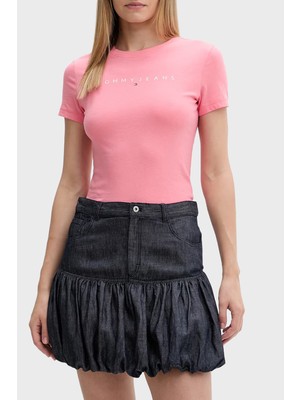 Tommy Jeans Pamuklu Slim Fit Logo Baskılı Bisiklet Yaka T Shirt Bayan T Shirt DW0DW18398 Tıe