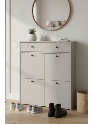 Handanca Cube Kapaklı - Modern 4 Kapaklı Slim Ayakkabılık - Yan Askılıklı Fonksiyonel Antre Dolabı - Beyaz