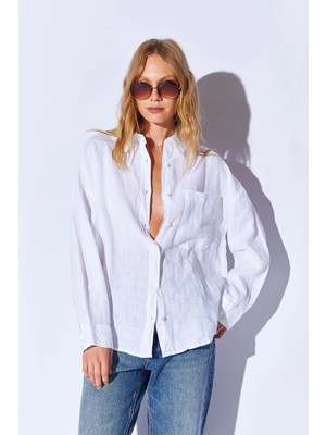 Manche Beyaz  %100 Saf  Keten Yıkamalı Lüx Tek Cep Oversize Kadın Gömlek  | MKS169571-01