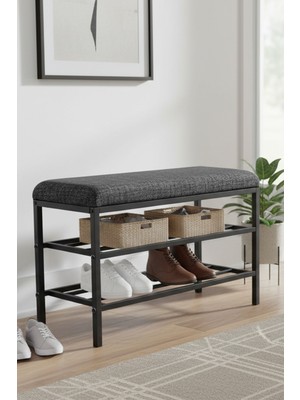 Handanca Lotus Metal Modern Ayakkabılık, Bank, Yatak Ucu, Organizer, Oturak,puf 3 Katlı 30X70 Keten Kumaş