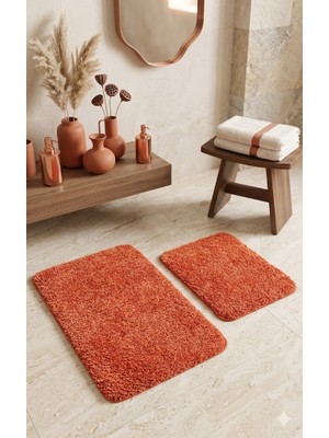 Eurobano Shaggy 2'li Turuncu Yıkanabilir Lateks Kaymaz Taban Küçük Banyolar Için Banyo Paspası Kaymaz Taban 80X50 50X40 cm
