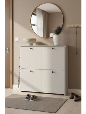 Handanca Cube Modern 4 Kapaklı Slim Ayakkabılık - 90 cm Geniş Hol ve Antre Dolabı - Beyaz