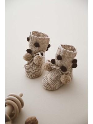 Ohlala Koala Bej Ponponlu Örgü Patik Bebek 0-12 Ay