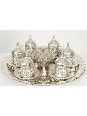 Handanca 6 Kişilik Gümüş Bakır Osmanlı Desen Tepsi+Lokumluk Fincan Seti