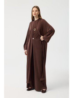 Kadriye Baştürk Modal Cupra Pantolon Bluz Abaya Takım Kahverengi