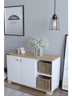 Handanca Süper Basic Ayakkabılık 2 Kapaklı Açık Raflı Portatif Dolap Çok Amaçlı Raf Meşe