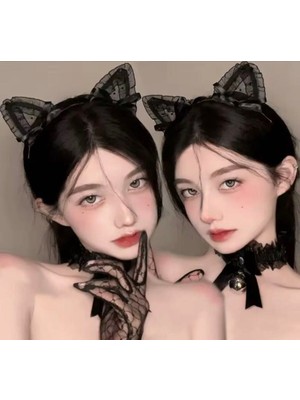 Kedi Kulak Kurdele Siyah Tül Detay Cosplay Anime Gotik Genç Kız Çocuk Bebek Taç Saç Aksesuar